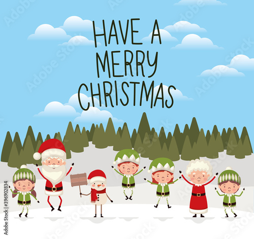 set of christmas characters on one forest background