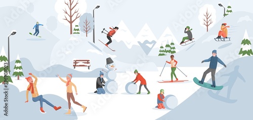 Happy smiling people at winter Christmas holidays vector flat illustration. Men and women in warm winter clothes spending time at winter park, skiing, snowboarding, making snowman, playing snowballs.