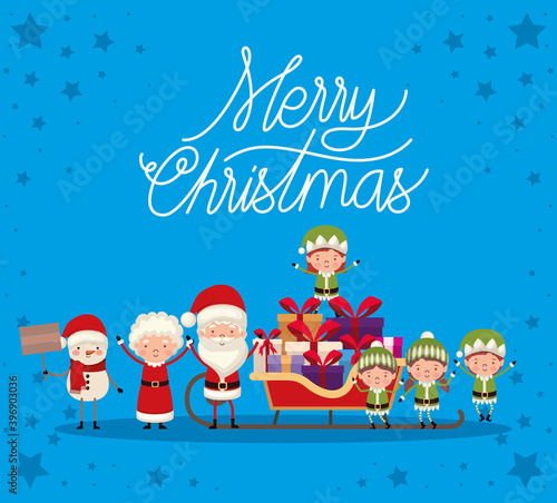set of christmas characters on blue background