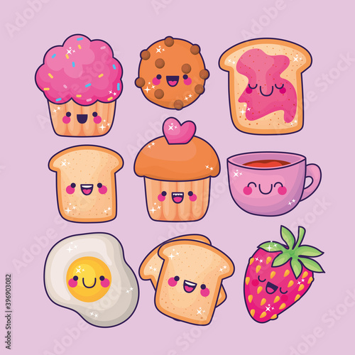 sets of all kinds kawaii foods icons