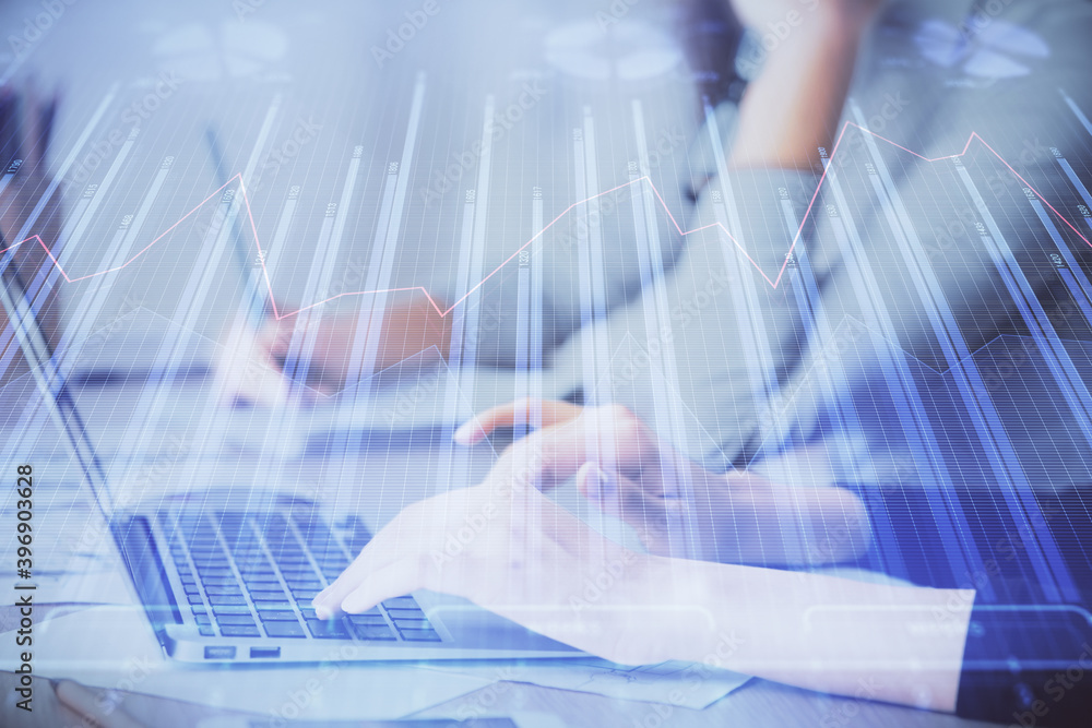 Multi exposure of woman hands typing on computer and financial chart hologram drawing. Stock market analysis concept. Multi exposure of woman hands typing on computer and financial chart hologram drawing. Stock market analysis concept.