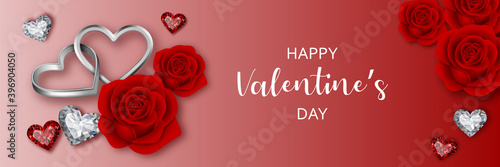 valentine's day banner with heart shaped rings, diamonds and red roses	