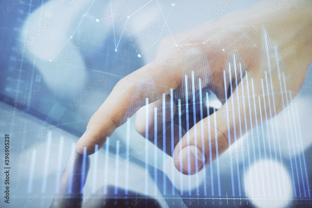 Multi exposure of man's hands holding and using a phone and financial chart drawing. Market analysis concept. Multi exposure of man's hands holding and using a phone and financial chart drawing. Market analysis concept.