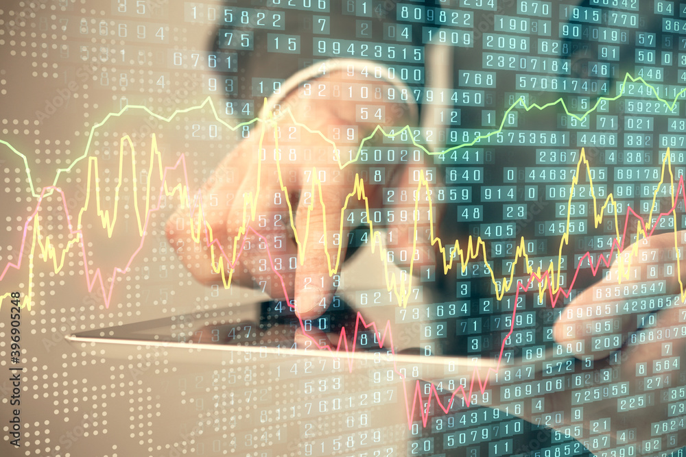 Fototapeta premium Multi exposure of man's hands holding and using a phone and financial chart drawing. Market analysis concept.