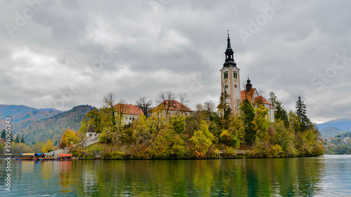 Wallpaper Mural a church on the island on Lake Bled, Slovenia in autumn Torontodigital.ca