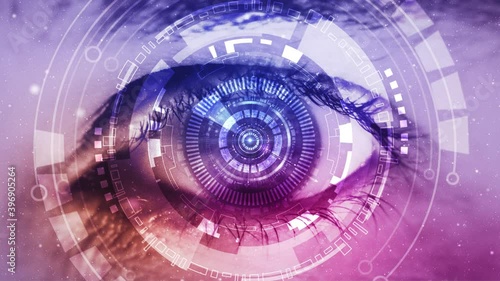 Close up of high tech futuristic eye, zoom in with green screen