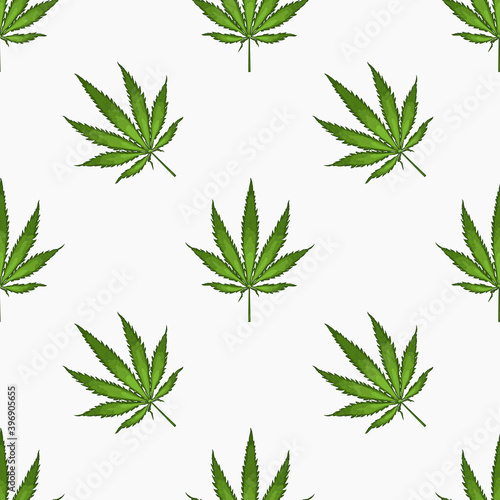 Seamless pattern with leaves of hemp Marijuana leaf. Cannabis plant background. Hand drawn style. Vector