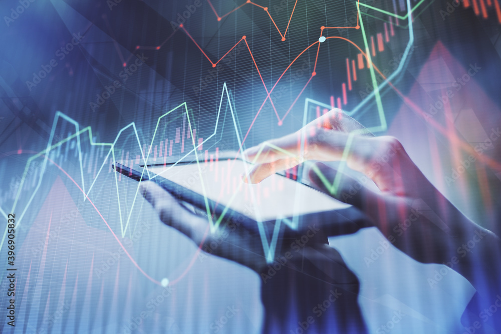 Double exposure of forex chart sketch hologram and woman holding and using a mobile device. Financial market concept. Double exposure of forex chart sketch hologram and woman holding and using a mobile device. Financial market concept.
