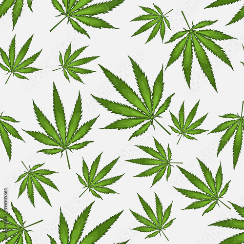 Seamless pattern with leaves of hemp Marijuana leaf. Cannabis plant background. Hand drawn style. Vector