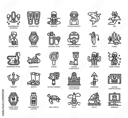 Set of diving thin line and pixel perfect icons for any web and app project.
