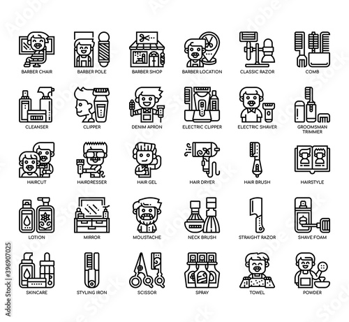 Set of barber shop thin line and pixel perfect icons for any web and app project.