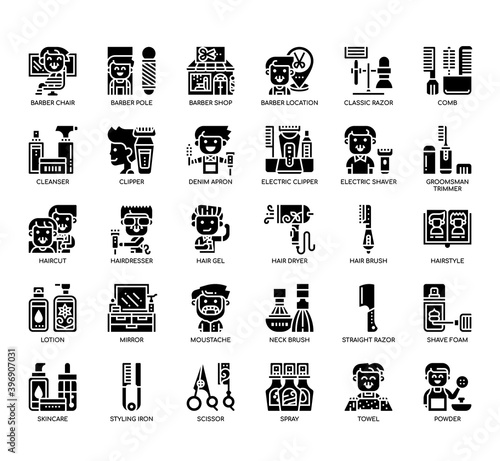 Set of barber shop thin line and pixel perfect icons for any web and app project.