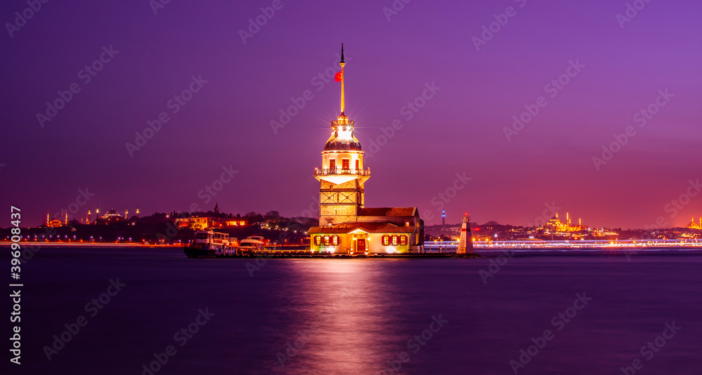 Magnific view of Maiden's Tower (aka Kiz kulesi) at night time. Istanbul's main attractions. Wondeful Tyrkey. Travel to Turkey