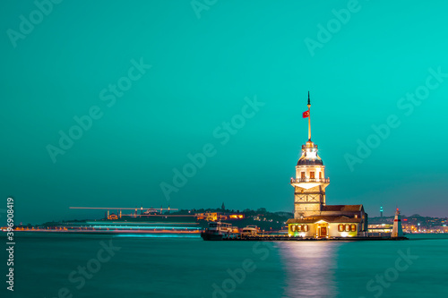 Magnific view of Maiden's Tower (aka Kiz kulesi) at night time. Istanbul's main attractions. Wondeful Tyrkey. Travel to Turkey photo