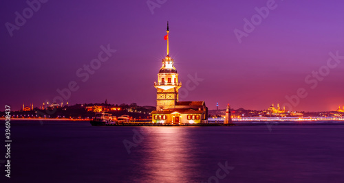 Magnific view of Maiden's Tower (aka Kiz kulesi) at night time. Istanbul's main attractions. Wondeful Tyrkey. Travel to Turkey