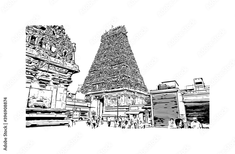Building view with landmark of Chennai is the capital of the Indian state of Tamil Nadu. Watercolour splash with hand drawn sketch illustration in vector.