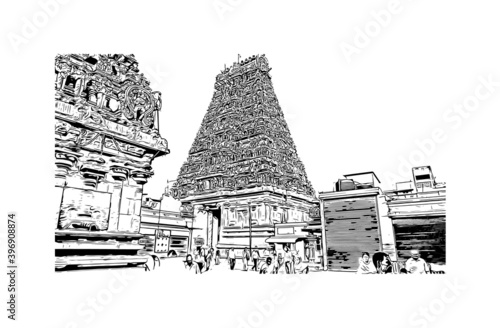 Obraz na płótnie Building view with landmark of Chennai is the capital of the Indian state of Tamil Nadu. Watercolour splash with hand drawn sketch illustration in vector. w salonie