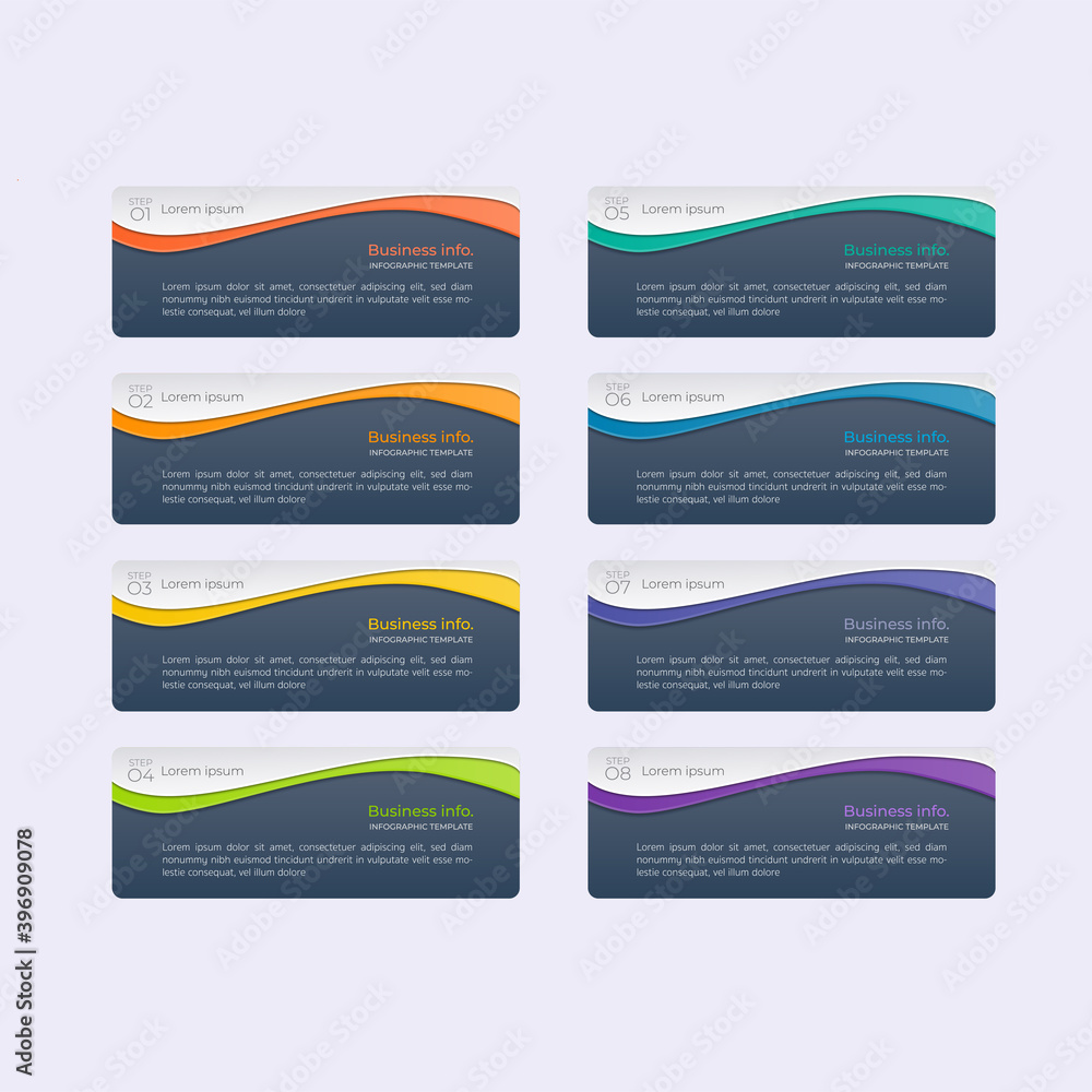 Modern infographics business design with 8 option concepts, parts, steps or processes can be used for workflow layout, diagram, number options, web design. infographic element.