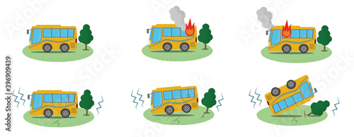 火災・地震の被害に遭う黄色い観光バスのベクターイラストセット
