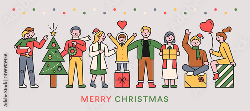 People are standing in line and saying Christmas greetings. Event promotion banner. flat design style minimal vector illustration.
