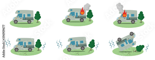 火災・地震の被害に遭うキャンピングカーのベクターイラストセット