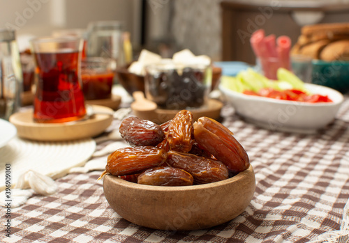 Middle Eastern traditional breakfast during Ramadan fasting (aka: Sahur or Suhoor). Date fruit for dinner or iftar. Ramadan background. Ramadan kareem.