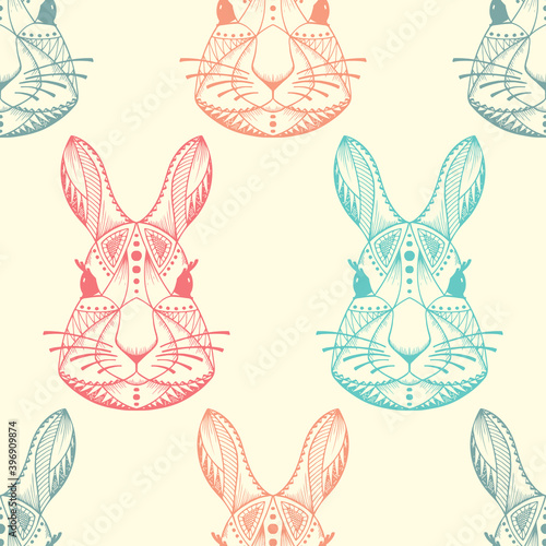 Bunny head. Hand drawn Rabbit heads Vector Seamless pattern. Ethnic animal. Tribal patterned Hare.
