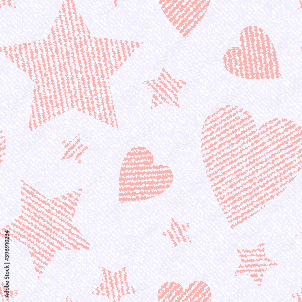 Pink Jeans background with hearts and stars. Vector Denim seamless pattern. Valentine's Day wallpaper.