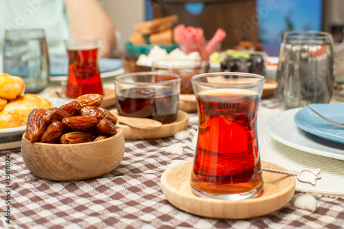 Middle Eastern traditional breakfast during Ramadan fasting (aka: Sahur or Suhoor). Date fruit for dinner or iftar. Ramadan background. Ramadan kareem.