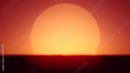 Beautiful Clear 3d Animation of The Large Bright Sun Disc Above Horizon. Large Red Hot Sun in Heat Haze Distortion Above Horizon.