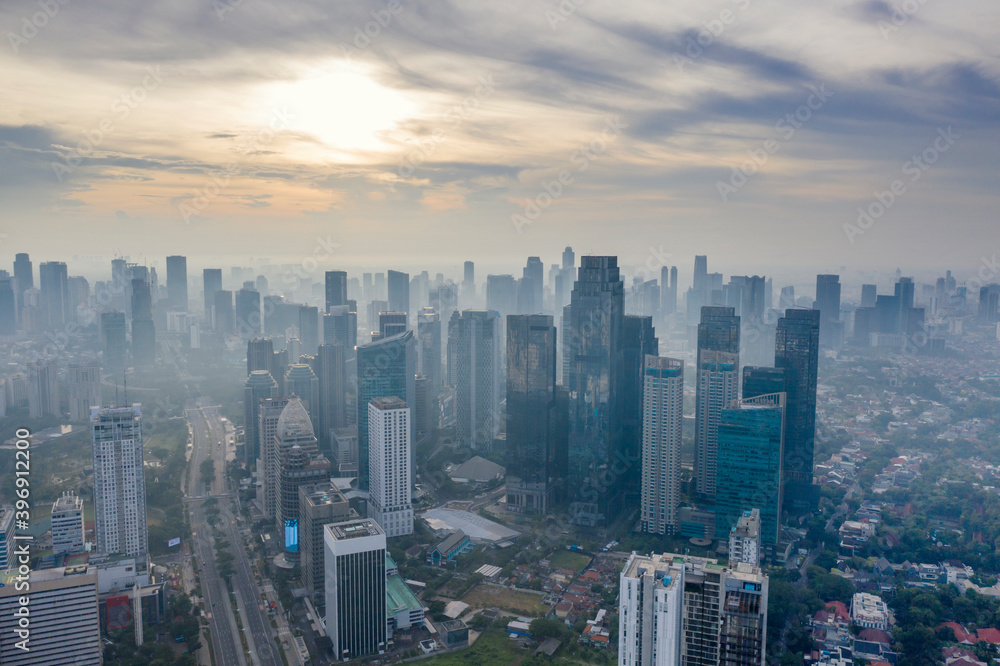 Jakarta cityscape with air pollution at morning