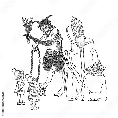 vector illustration of saint nicholas and krampus with children
