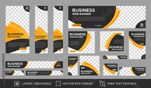 Set of Business Web Banners with standard size. Vertical, horizontal and square template. Vector EPS