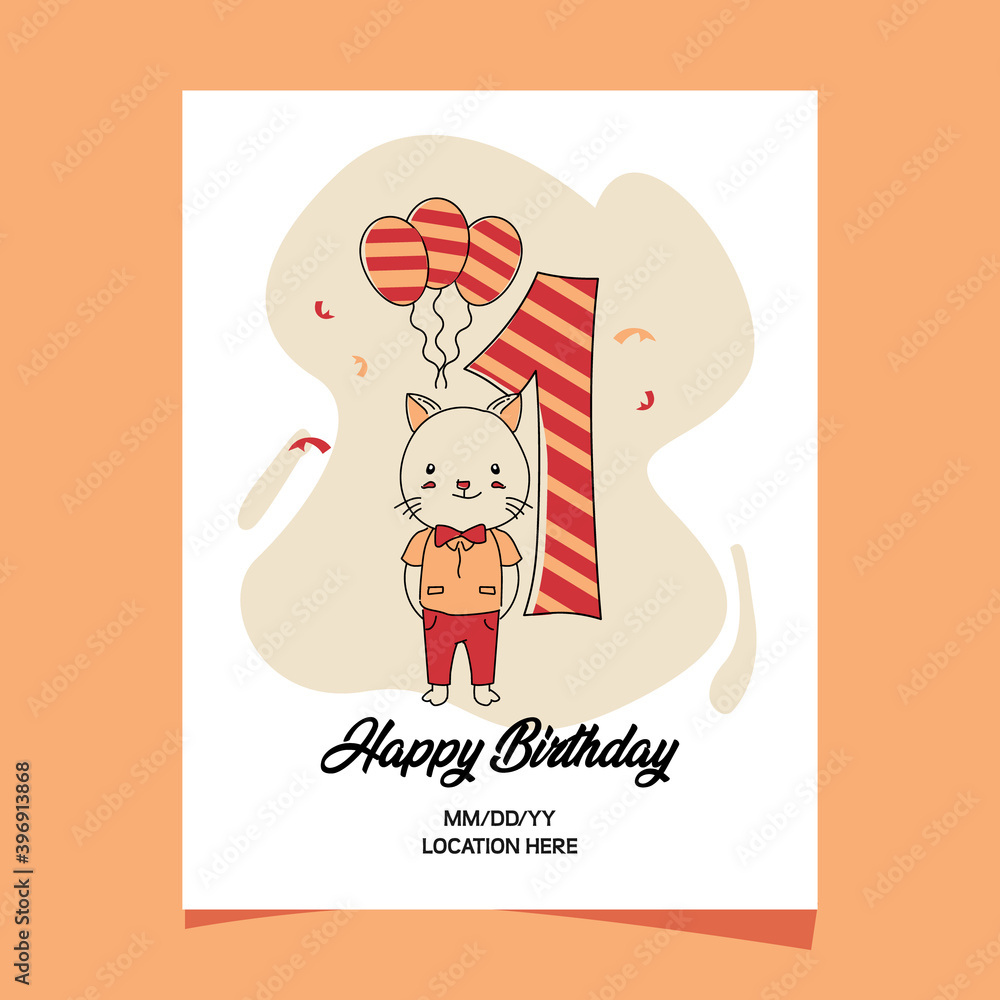 1st birthday party invitation card with cartoon baby animal cat character design 1st birthday party invitation card with cartoon baby animal cat character design
