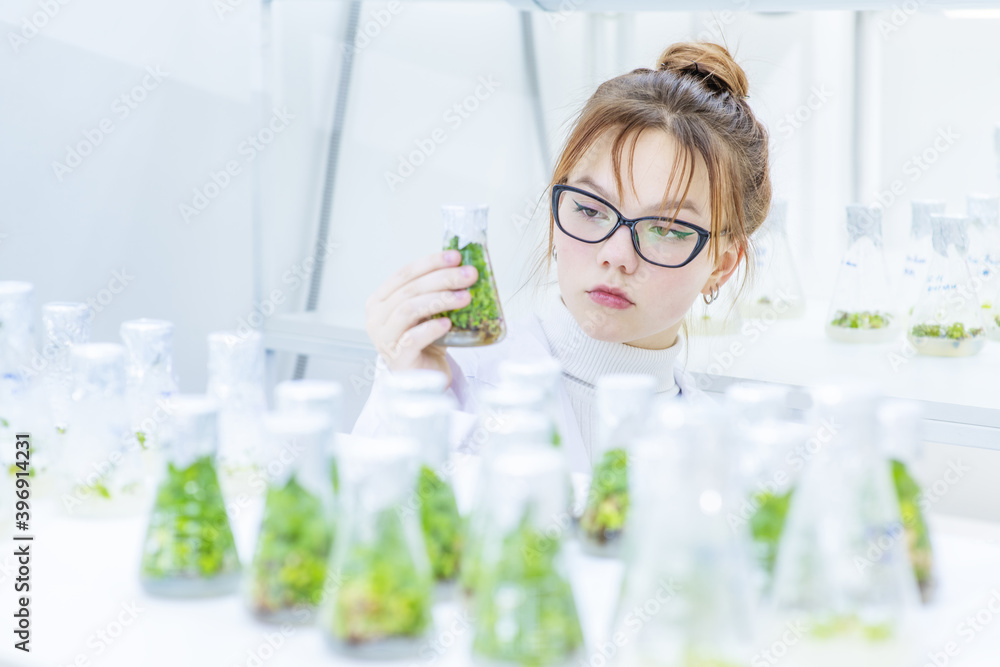 In a biological laboratory, a girl assistant examines a test tube with plants grown in it on a nutrient solution. Eco-friendly plants for farms In a biological laboratory, a girl assistant examines a test tube with plants grown in it on a nutrient solution. Eco-friendly plants for farms
