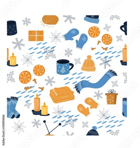 Bright Christmas winter hygge seamless pattern on white background, cozy elements, ornamental objects. Seasonal design, trendy, fashion.