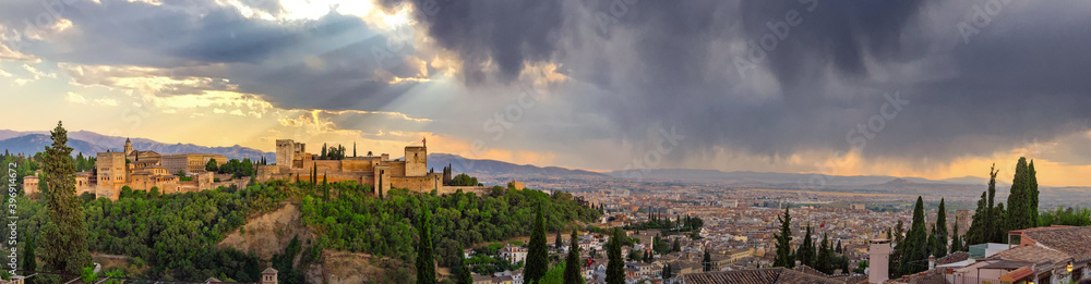 The Panoramic of Alhambra palace and fortress located in Granada, Andalusia, Spain
