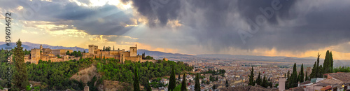 The Panoramic of Alhambra palace and fortress located in Granada, Andalusia, Spain