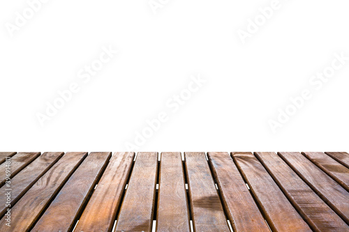 Brown wooden plank table isolated on white background with clipping path
