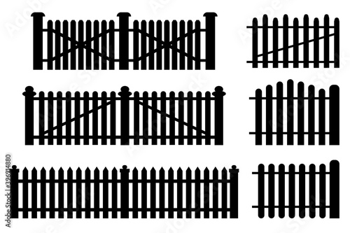 Cartoon illustration with black fences silhouette on white background for decorative design. Stock image. EPS 10.