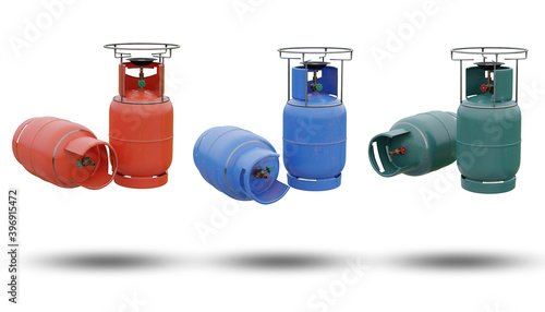 A set of LPG or butane gas is packaged in a steel tank in the shape of a cylinder. It is a gas that is heated in cooking or various industrial applications. isolate on white background. 3D rendering.