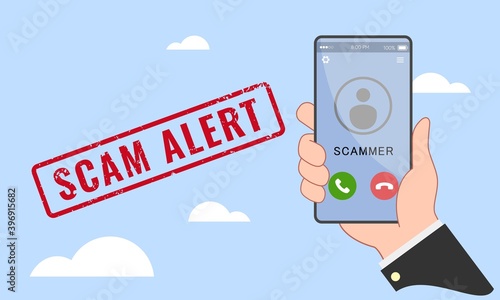 Vector illustration of scam alert notification on smart phone. Cloud infrastructure. Cybercrime concept.