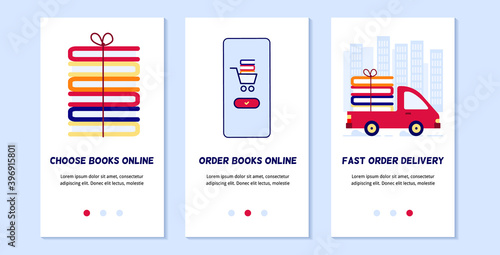 Sample pages of the mobile application of the online bookstore. Page concepts depicting the selection of various books, ordering and delivery from an online bookstore.