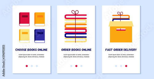 Application page templates for the delivery of orders from an online bookstore. Page concepts depicting the selection of various books, ordering and delivery from the online store.