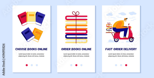 Application page templates for the delivery of orders from an online bookstore. Concepts of pages depicting product selection, ordering and delivery.