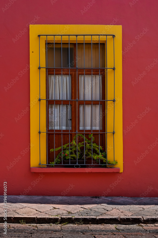 Mexican house front with colorful potted flowers