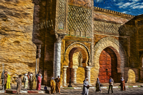 People in front of the Bab Bou Jeloud gate on the old medina of Fez. With its old tanneries and large medina, this bustling Moroccan city has been called the Mecca of the West. Oil paint filter.