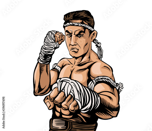 World Thai boxing Art It is an ancient form of boxing culture without wearing gloves, Wrap both hands with rope, Call it MUAY THAI, SIAM KARD CHUEK. Pop art vector illustration