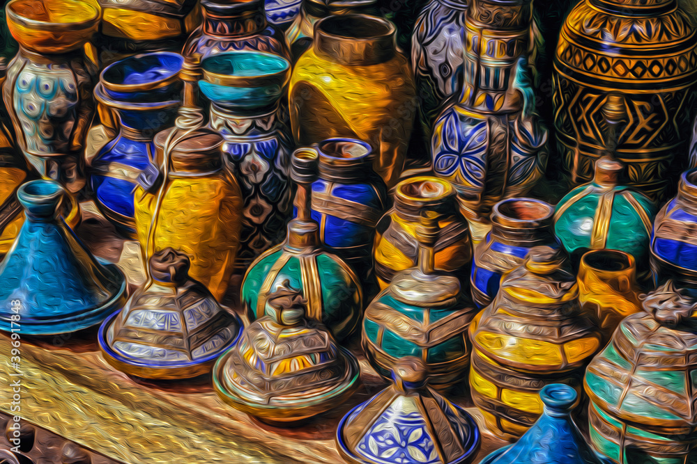 Colorful handmade ceramic pots and pans typical of the moorish culture in the medina of Marrakesh. The exotic city at the Atlas Mountain range foothill in southern Morocco. Oil paint filter.