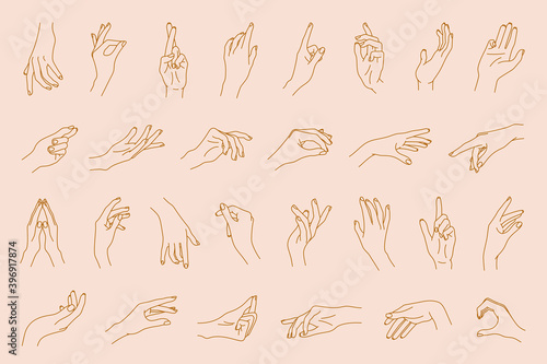 Vector hand gestures set of abstract logo template. Crossed fingers, open, close, ok gesture, reaching hand and etc. Linear elements isolated on pastel background.